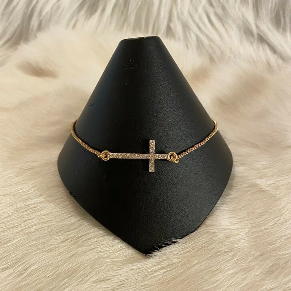 CHristian Cross Rhinestone Slide Bracelet Gold Tone Metal Box Chain 6442 - Picture 1 of 9